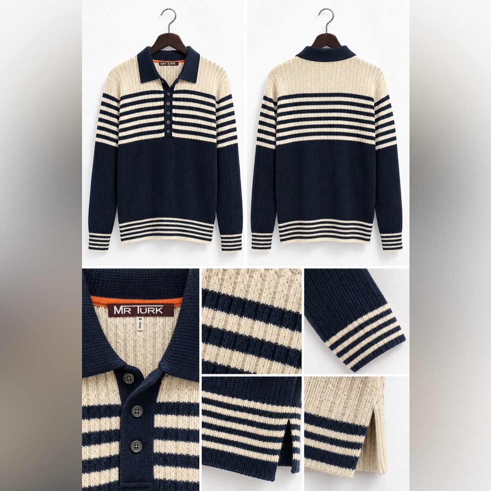 Trina Turk Navy and White Striped Ribbed Polo Sweater